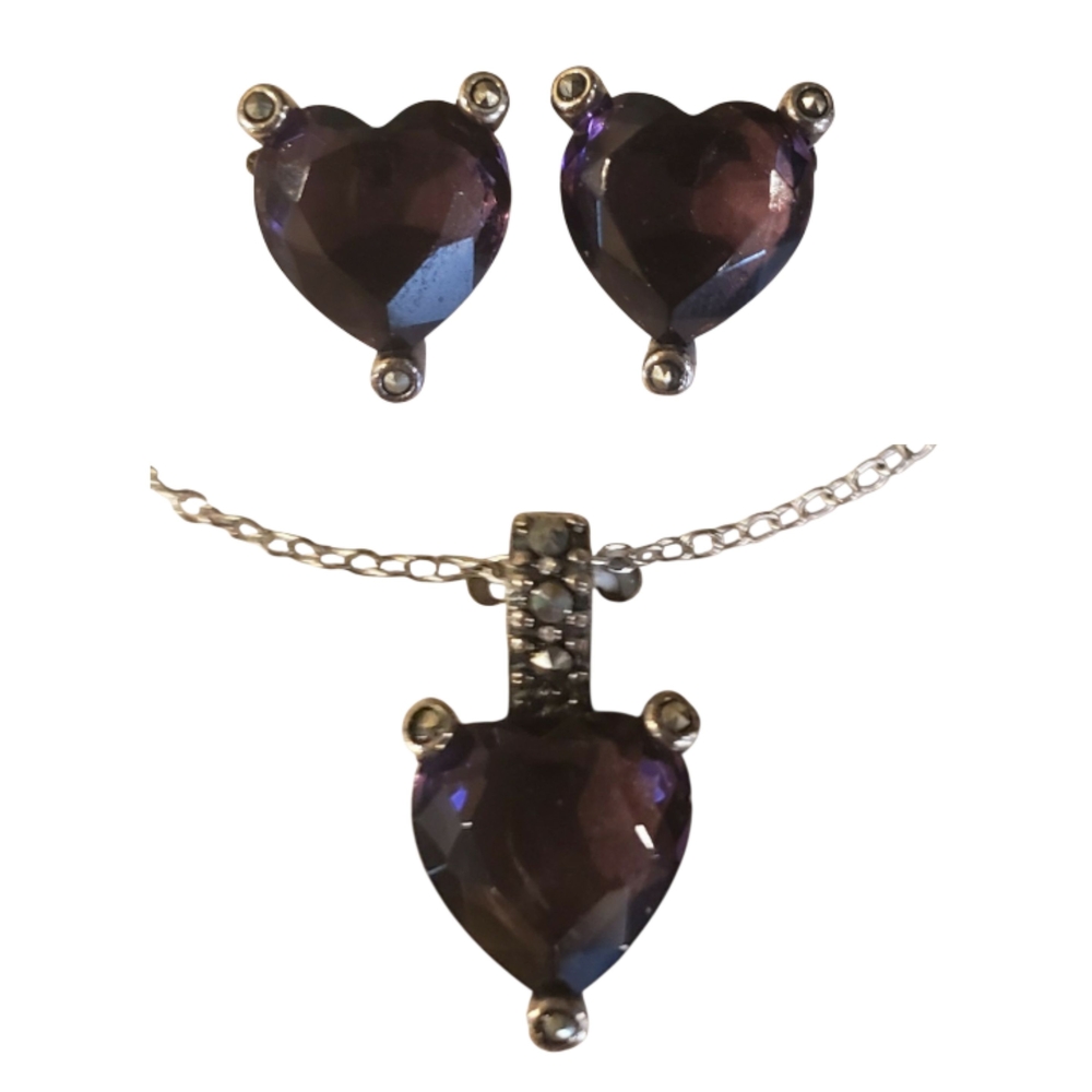 Sterling Silver Purple Heart Pendant Necklace & Stud Earrings Set w/ Marcasite